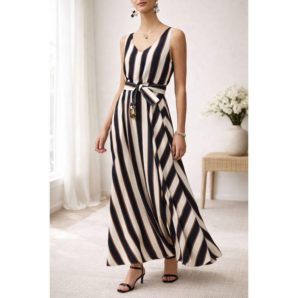 Lafayette 148 New York Striped Maxi Dress Size 2 Belted Sleeveless Viscose NWT